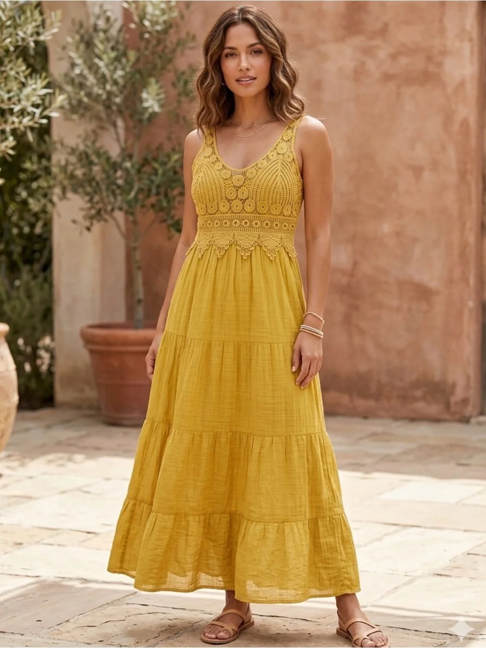 J Gee Crochet Bodice Mustard Maxi Dress